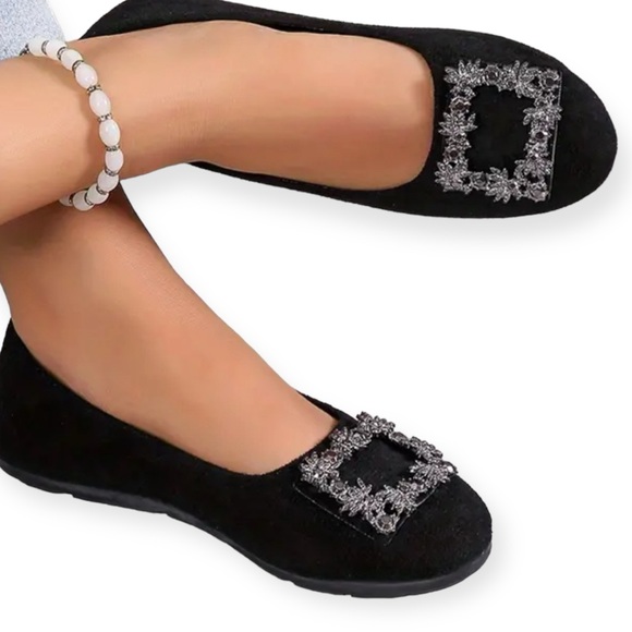 Black Ballet Flats with Rhinestone Buckle - 6 - EUC worn once - Picture 1 of 5